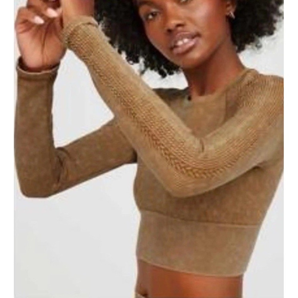Offline By Aerie Crop Top Long Sleeve Ribbed Knitted Beige Brown Athleisure XS